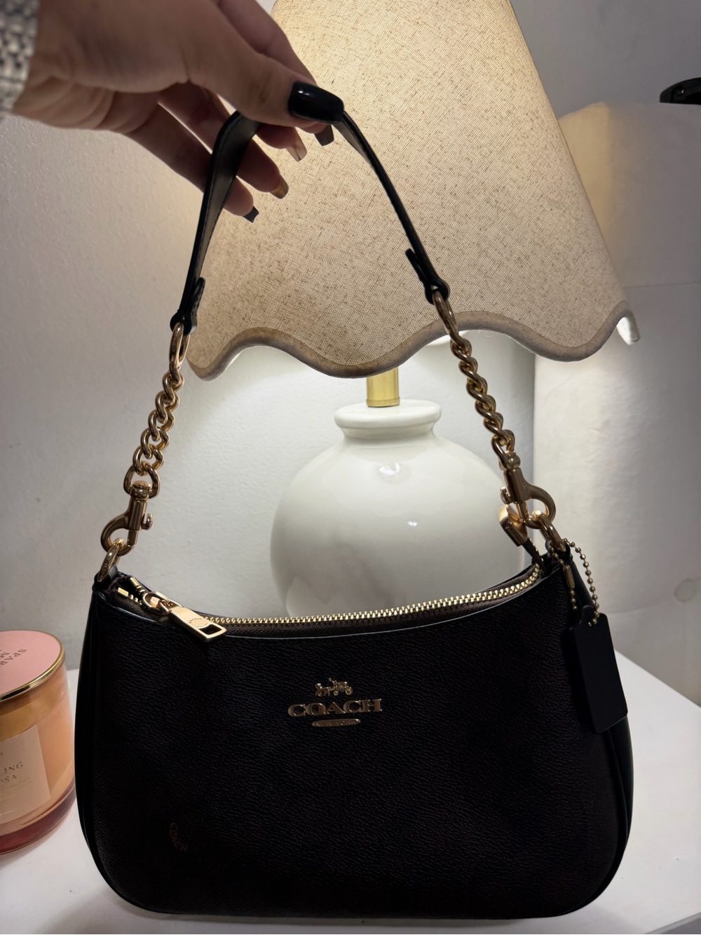 Coach Black Pebbled Leather Shoulder Bag with Gold Chain Strap